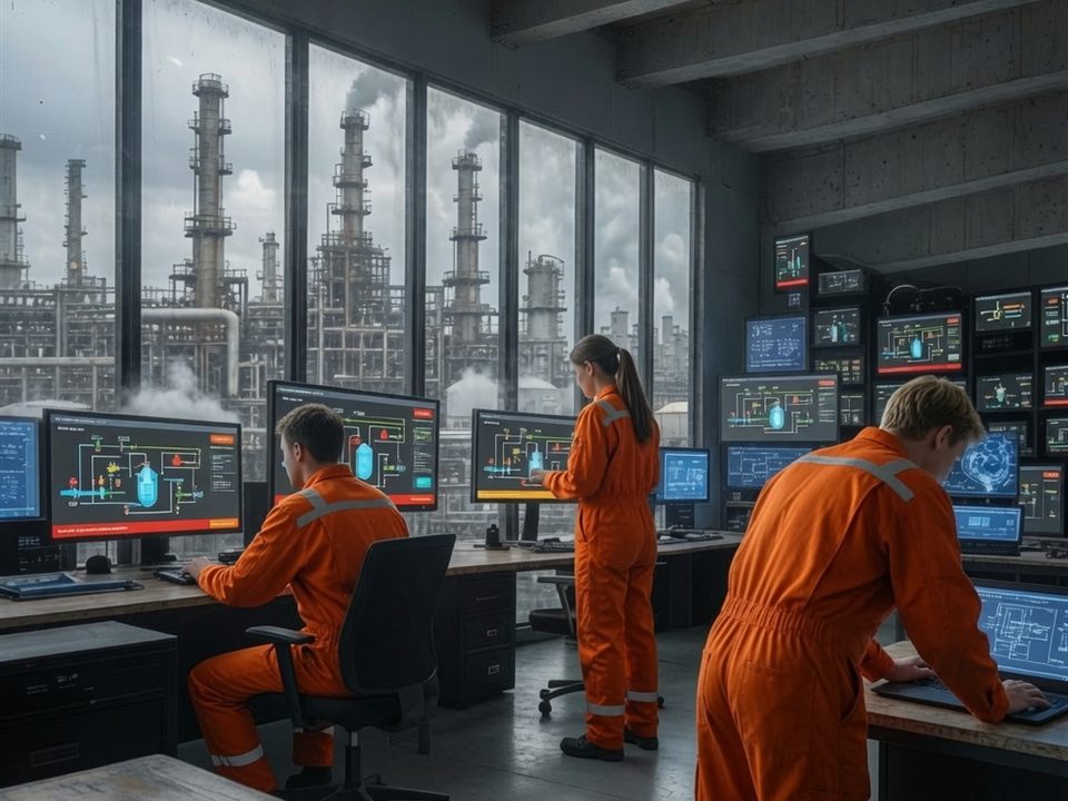 Automation engineers working on DCS operator displays in a control room
