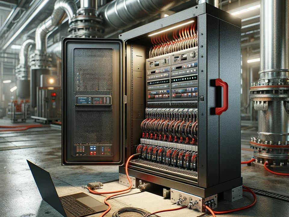 Open control cabinet with PLC and I/O modules connected to a laptop