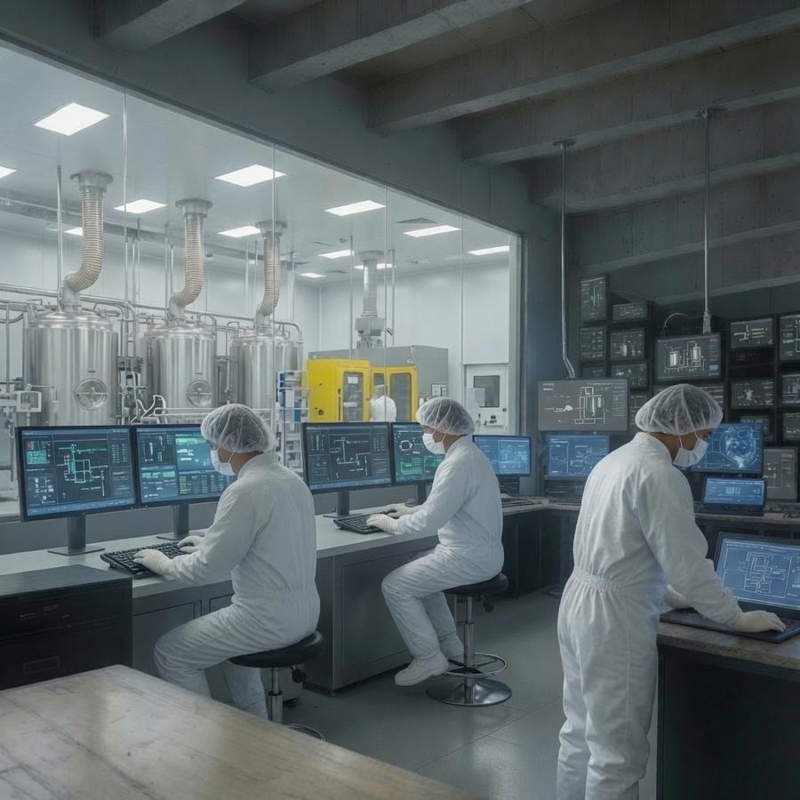 Operators working on DCS displays in a cleanroom environment